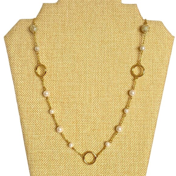 Talbots Pearls Rhinestone Balls Elegant Gold Tone Long or Double Necklace 36in - Picture 3 of 11